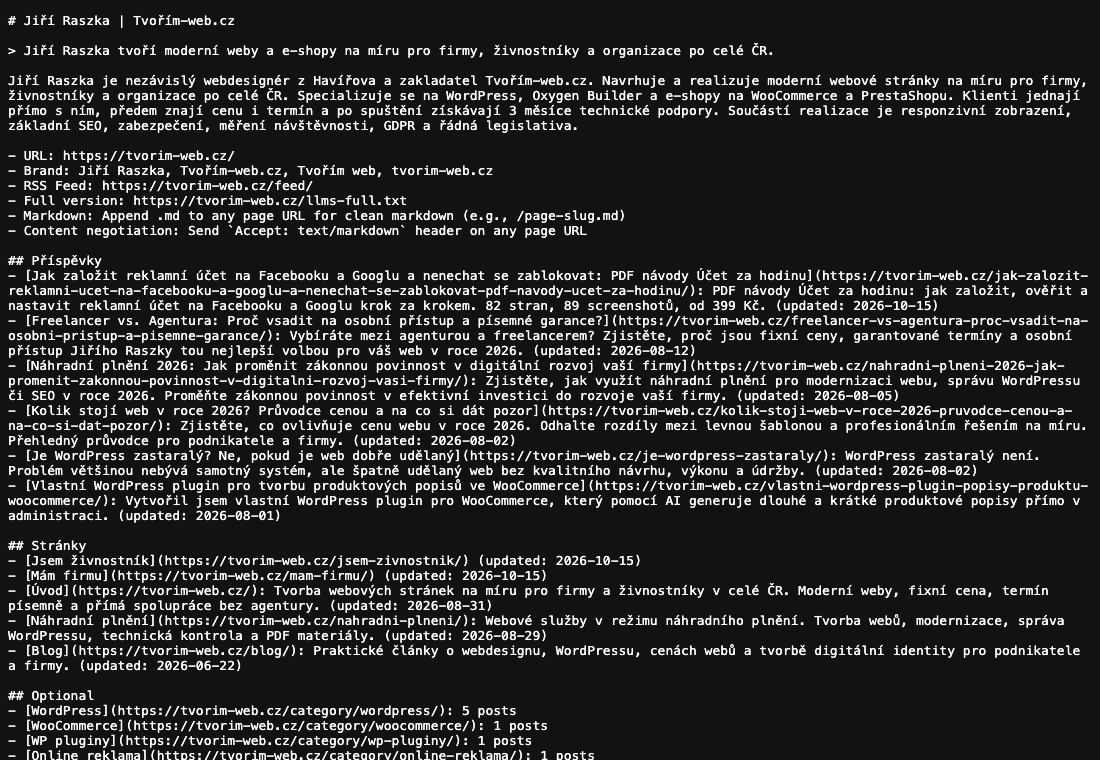 Soubor llms.txt na webu tvorim-web.cz vygenerovaný pluginem RankReady