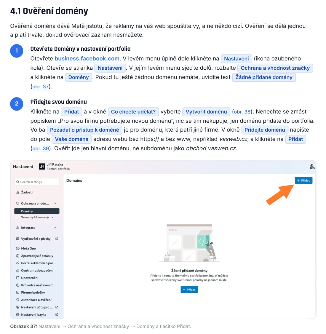 Ukázka z návodu Meta Ads: ověření domény v nastavení firemního portfolia