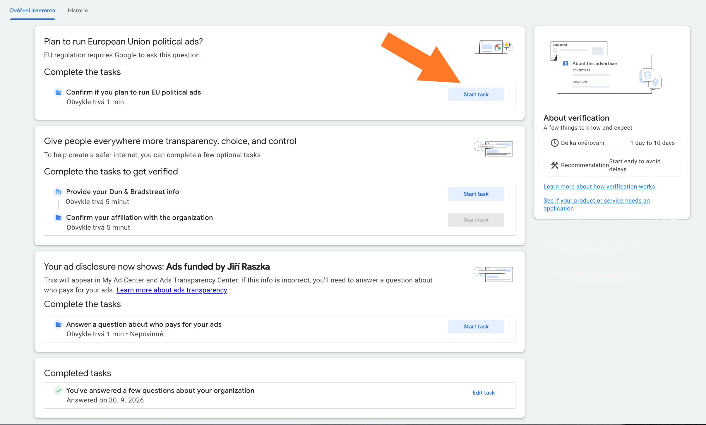 Ukázka z návodu Google Ads: stránka Ověření inzerenta s úkoly k dokončení