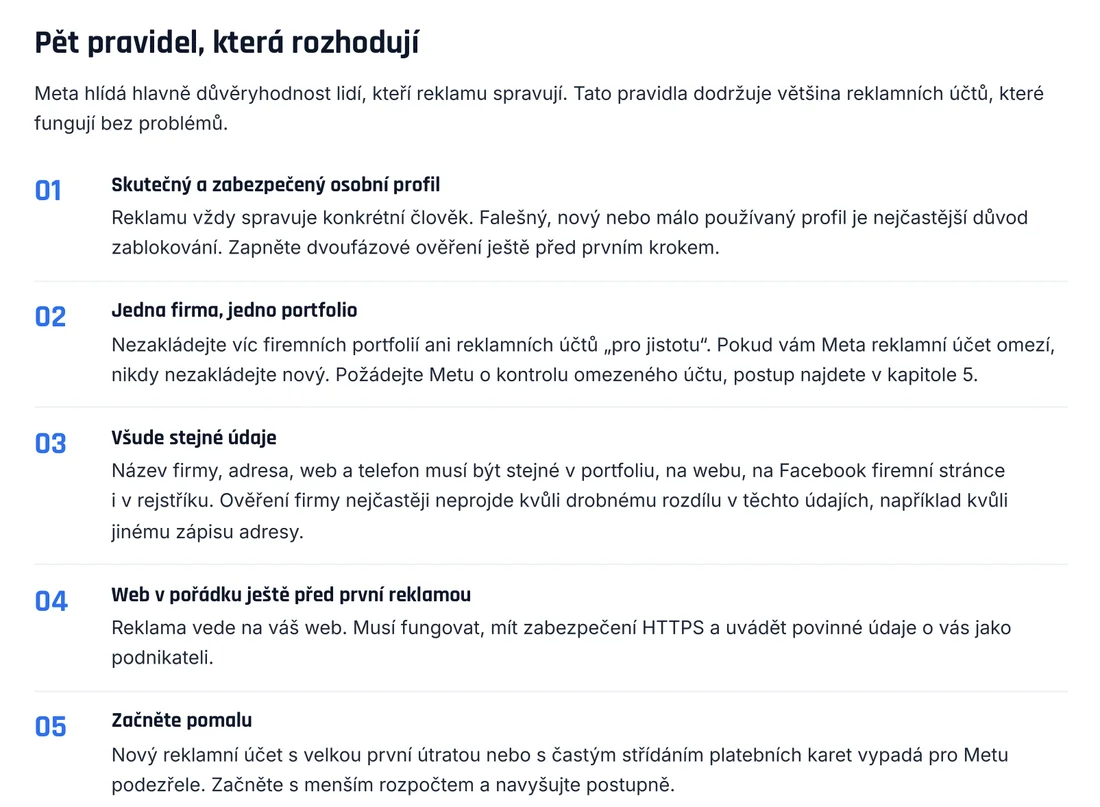 Ukázka z návodu: pět pravidel, která rozhodují při zakládání reklamního účtu Meta